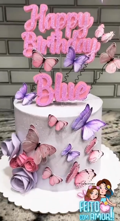 Feliz Aniversário com Borboletas e Flores Bolo Topper